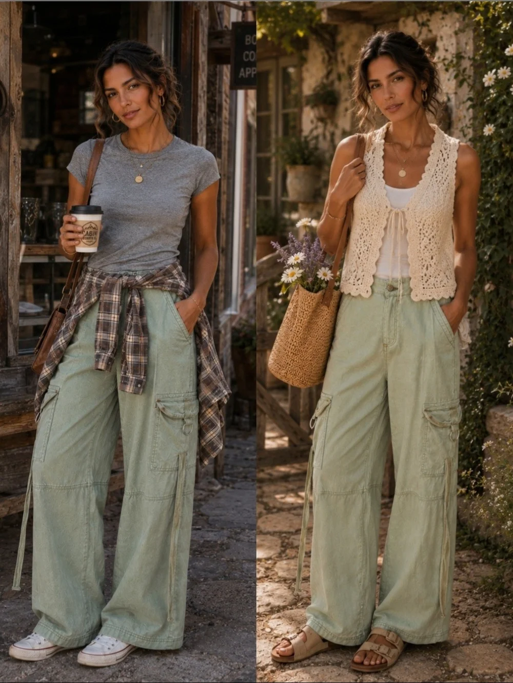 LOVE VEGAN Sage Green Wide Leg Cargo Pants Size 11/31 | Utility Boho Traveler - Picture 2 of 6